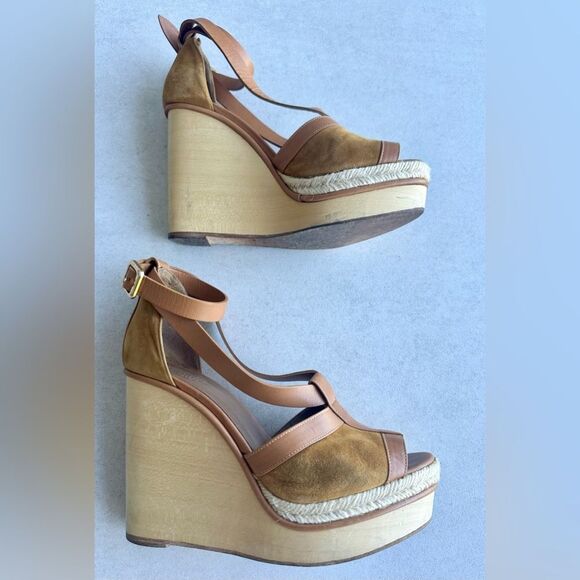Hermes Tan Suede and Leather Wooden Wedge Ibiza Sandals size 38 - Picture 2 of 15